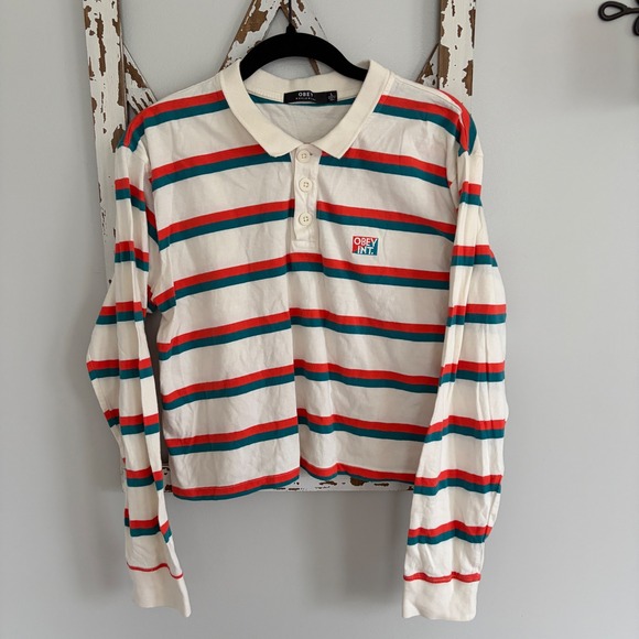 Obey Tops - Obey Glenview Top striped long-sleeve cropped polo shirt size Large
